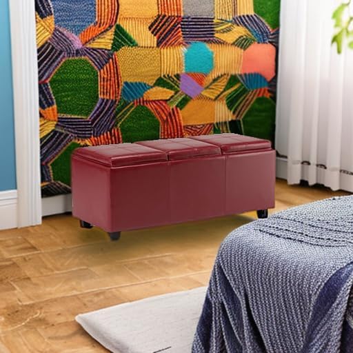 SIMPLIHOME Avalon 42 inch Wide Contemporary Rectangle Storage Ottoman in Red Vegan Faux Leather, Assembled, for the Living Room, Entryway and Family Room