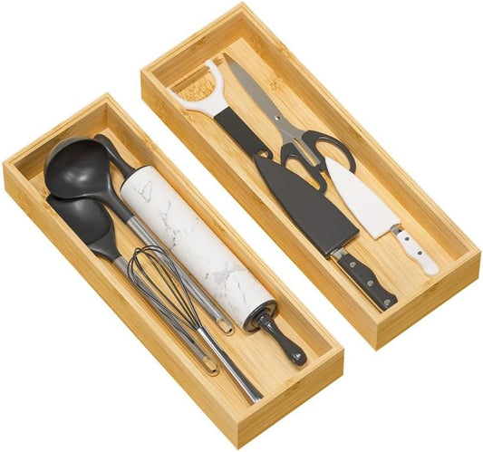 Kitchen Drawer Organizer Tray, Stackable Bamboo Deep Drawer Organizer for Large Silverware, Utensils, Cutlery, Flatware,Junk Drawer, Dresser, Bathroom, 17" x 6" x 2.5" (Set of 2)