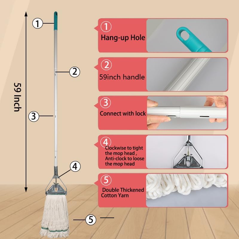 OFO Loop-End String Mop with Extra Head Replacement - Heavy Duty Commercial Industrial Grade Mop, 59Inch Handle for Floor Cleaning Home, Kitchen, Garage, Office and Wooden/Tile Floor