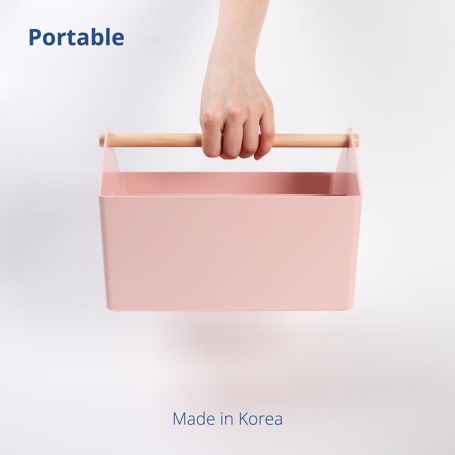 BLUE GINKGO Medium Storage Basket – Plastic Caddy with Wooden Handle for Office, Arts & Crafts, or Home Supplies (Pink)