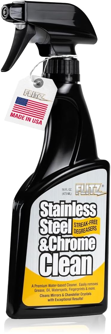 Flitz Stainless Steel & Chrome Clean - 16oz Bottle, USA-Made Stainless Steel Cleaner Spray for Appliances - Grill, Fridge, Sink Stain Remover - Also Works on Aluminum Surfaces (1 Pack)