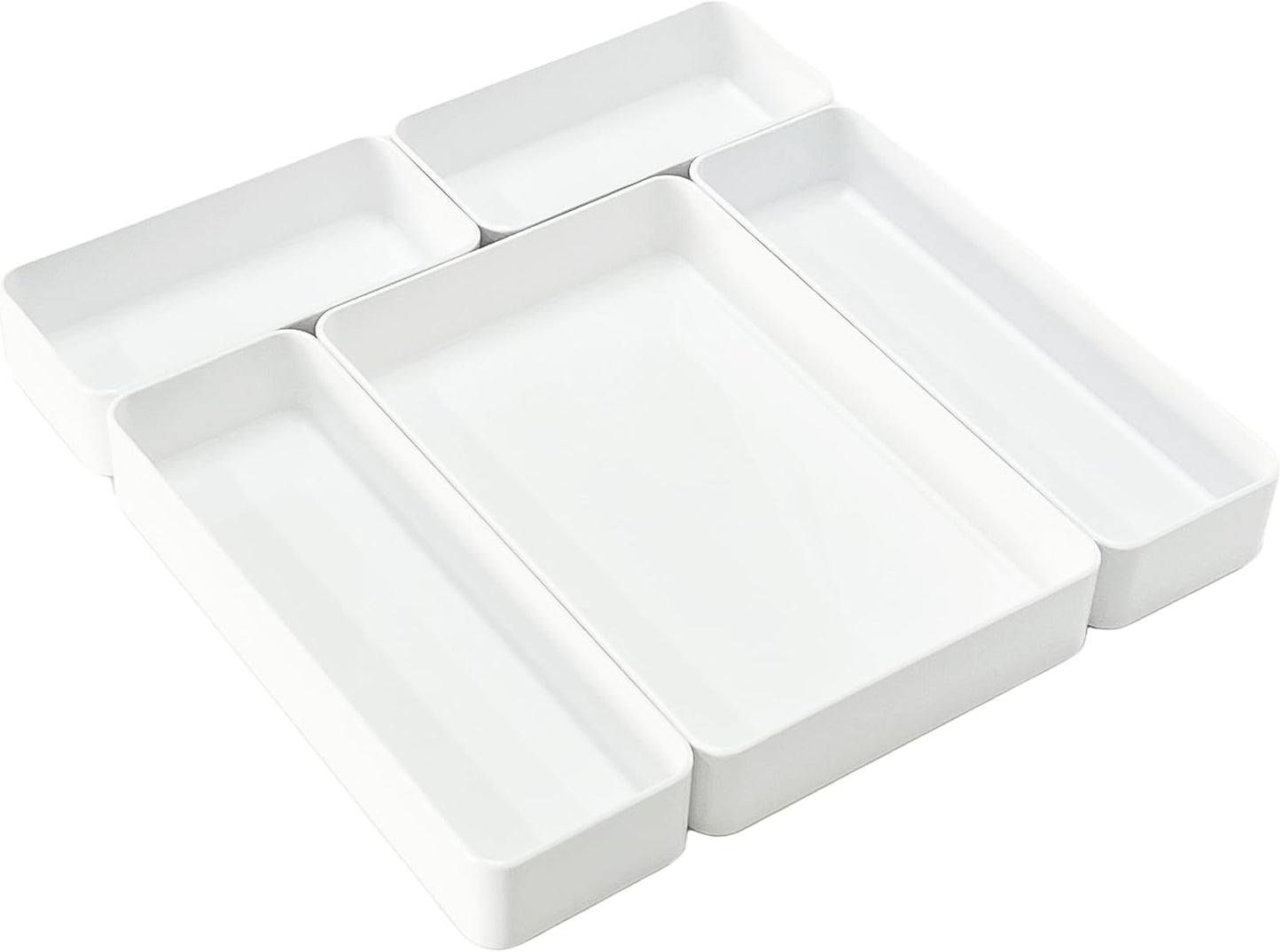 RAUVOLFIA Plastic Stackable Office Desk Drawer Organizers,Multi-size Trays,Small Makeup Vanity Storage Bins and Office Desk Drawer Dividers (White-5 Pack)