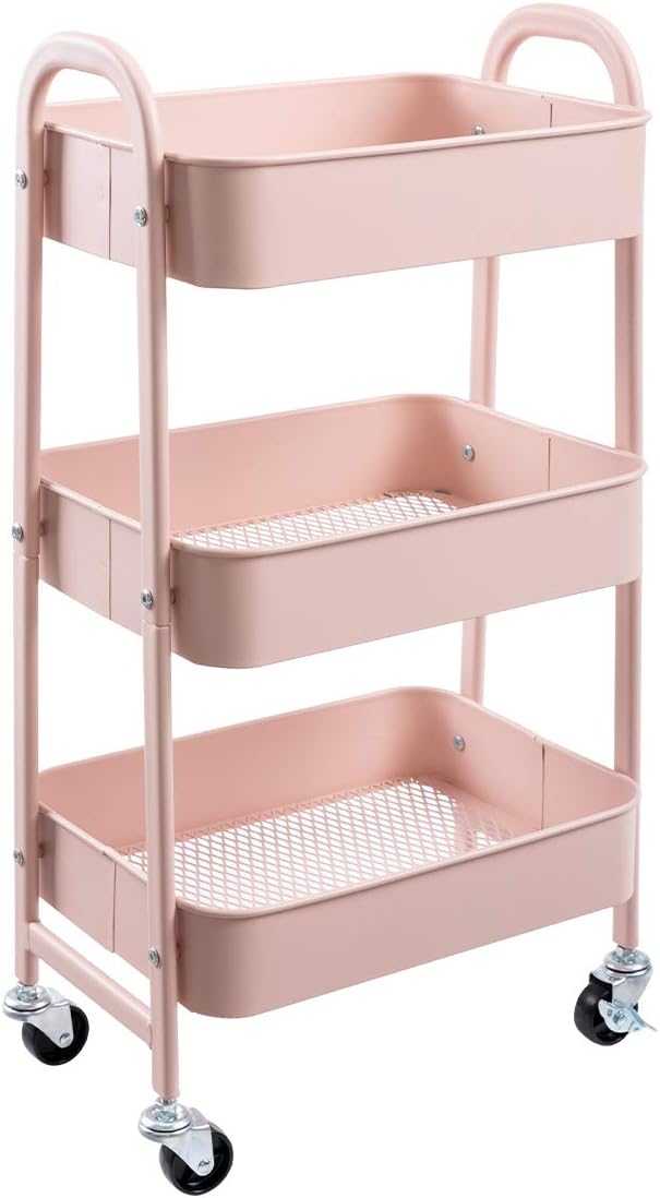 AGTEK Makeup Cart, Movable Rolling Organizer Cart, 3 Tier Metal Utility Cart, Rosiness