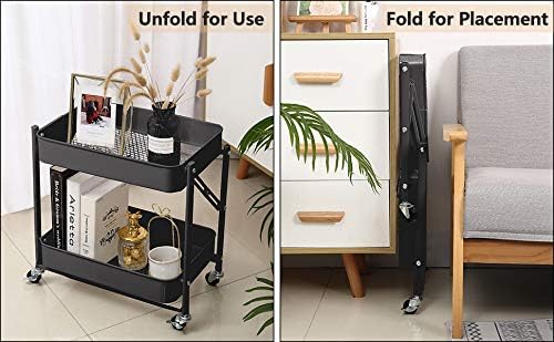 2-Tier Metal Folding Rolling Cart, Mobile Utility Cart Trolley Storage Organizer for Office Home Kitchen Organization, Sofa Side End Table with Wheels, Black