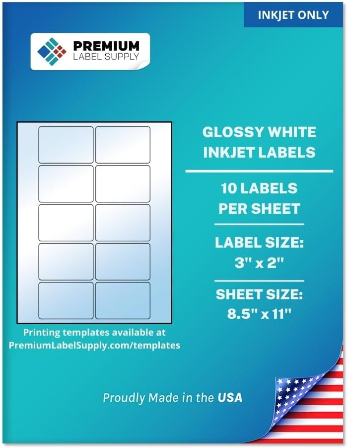 Premium Label Supply Glossy White Sticker Labels – 3" x 2" – (10 per Sheet) (Glossy White for Inkjet Only, 100 Labels)