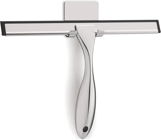 All-Purpose Stainless Steel Shower Squeegee for Glass Doors with Adhesive Hooks, Squeegee for Shower Glass, Bathroom Household Cleaner Tool for Window Mirror Tile Wall Car, 10 Inch Silver