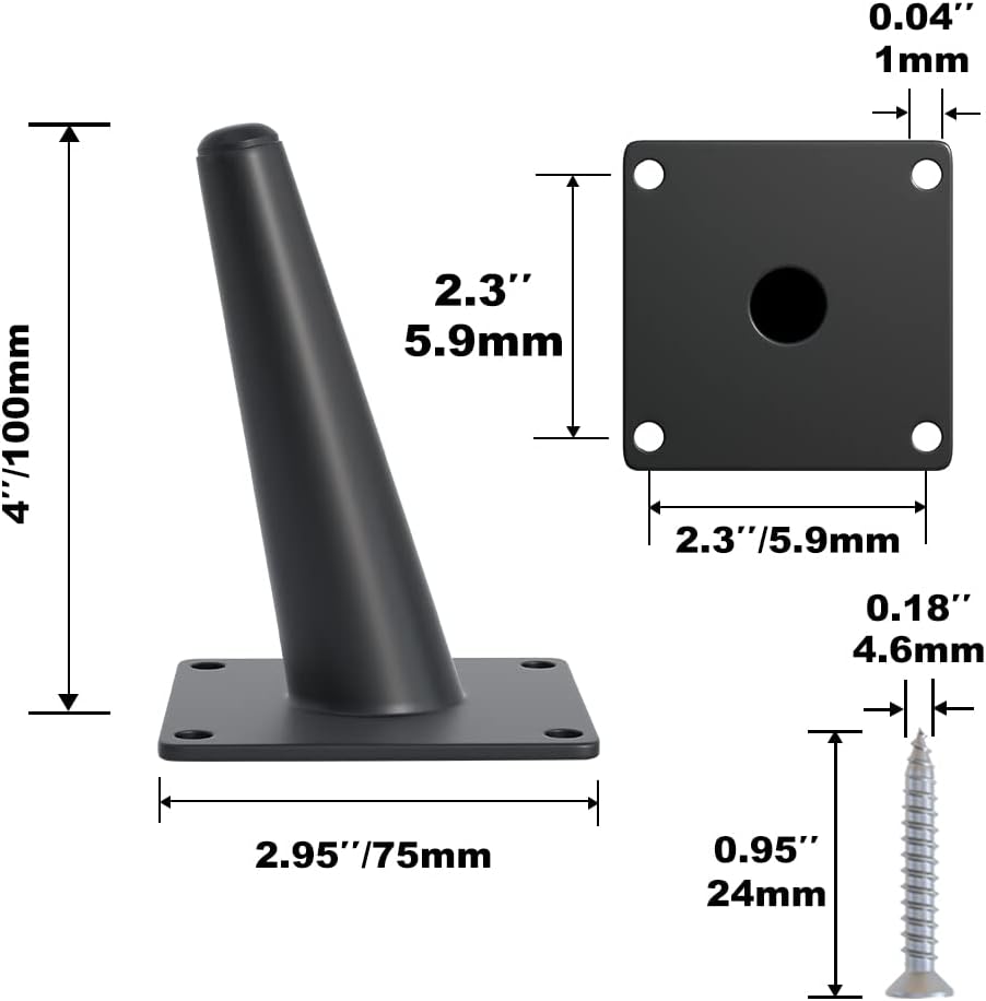4PCS 4 Inch Matte Black Tapered Angled Legs for Furniture, Metal Mid Century Mordern Feet, Heavy Duty Slanted Stand Legs Kit for Couch, Coffee Table, Desk, Dresser, Sofa, Chair