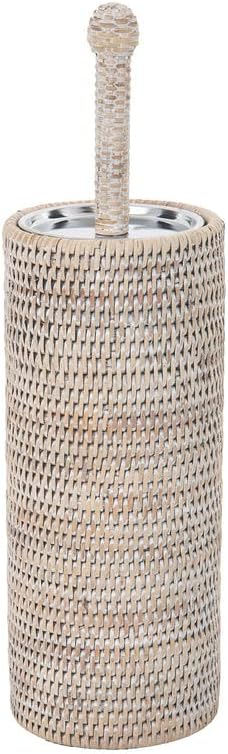 La Jolla Decorative Rattan Toilet Brush Set White Wash Handwoven Toilet Brush and Holder with Removable Cup & Lid Hygienic Odor-Free Design - 4.5" x 15.5" Size