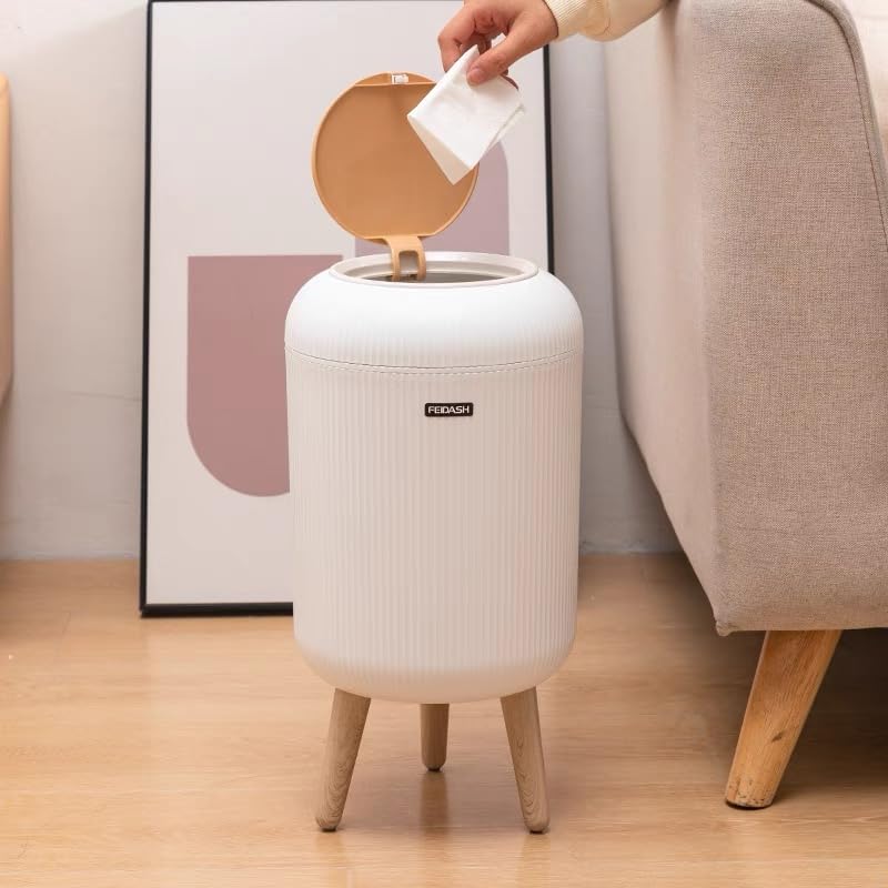 Bedroom Trash Can with Lid,3 Gallon / 11L Garbage Can with Pop-Up Lid, Small Trash Cans Plastic Waste Basket with Removable Legs for Bathroom, Kitchen, Bedroom, Office-White