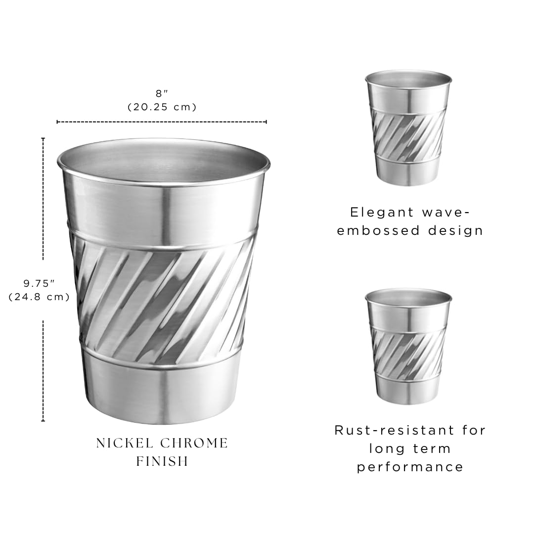 Monarch Abode Nickel Chrome Handcrafted Wave Embossed Metal Wastebasket for Home Office, Decorative Waste Basket, Modern Bathroom Garbage Can, Durable & Decorative Trash Bin, Nickel Chrome Trash Can