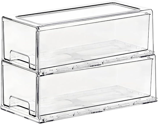 SIMPEXPE Stackable Storage Drawer, Pull Out Plastic Food Fridge Organizer Bins for Pantry Shelf Refrigerator Organization Kitchen Bathroom Cabinet Closet Office Clear -2Pack