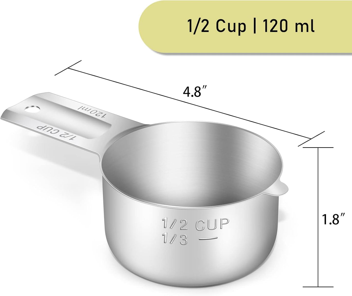 1PCS 1/2Cup (120ml, 4oz) Single Measuring Cup, Stainless Steel Measure Scoop, Metric and US Measurement, Dishwasher Safe