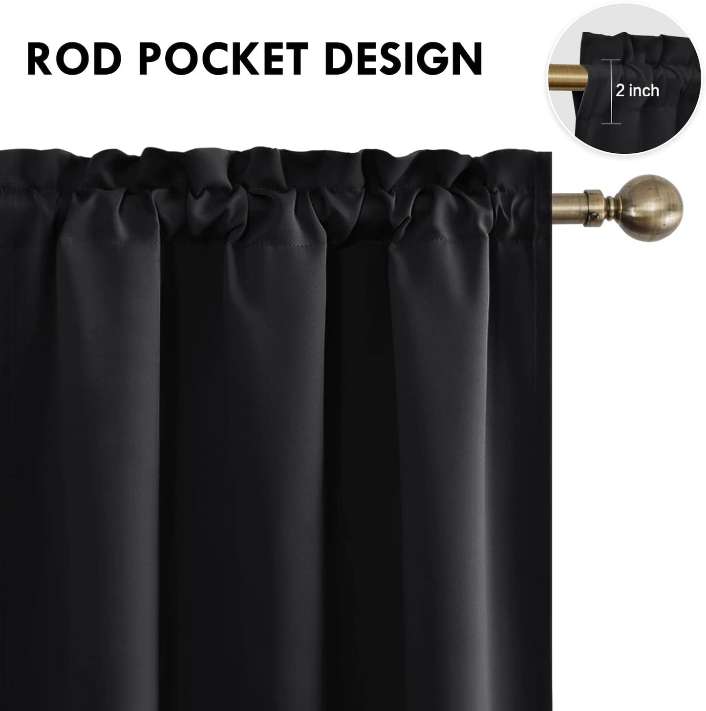 DWCN Black Room Darkening Blackout Curtains - Rod Pocket Thermal Insulated Privacy Energy Saving Window Curtain Drapes 42x 72 inch Length, Set of 2 Bedroom Living Room Curtains