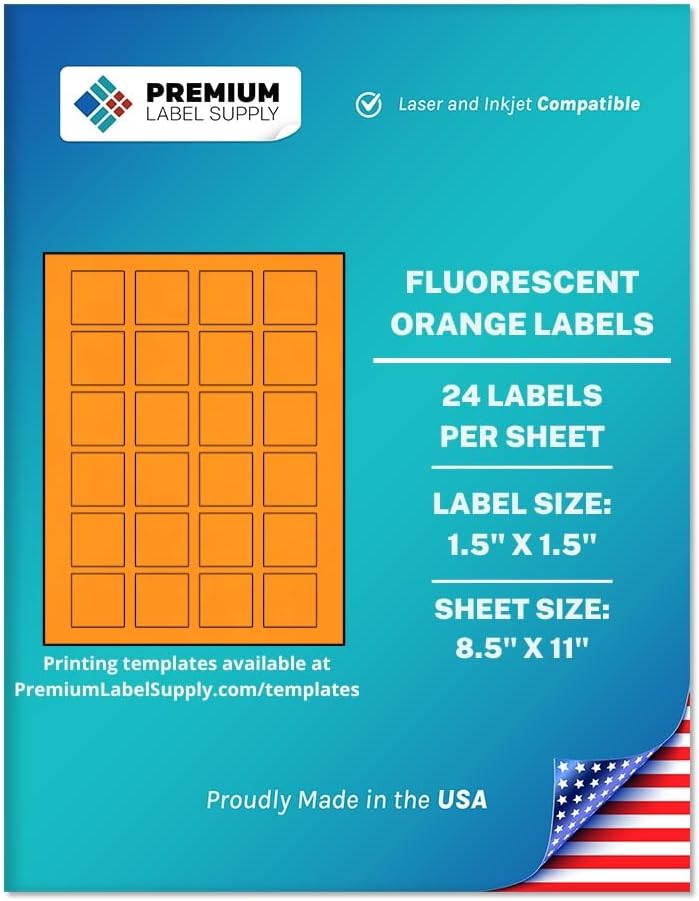 Premium Label Supply Bright Neon Color Fluorescent Sticker Labels - 1.5" x 1.5" Square Labels - (Fluorescent Orange, 24,000 Labels)