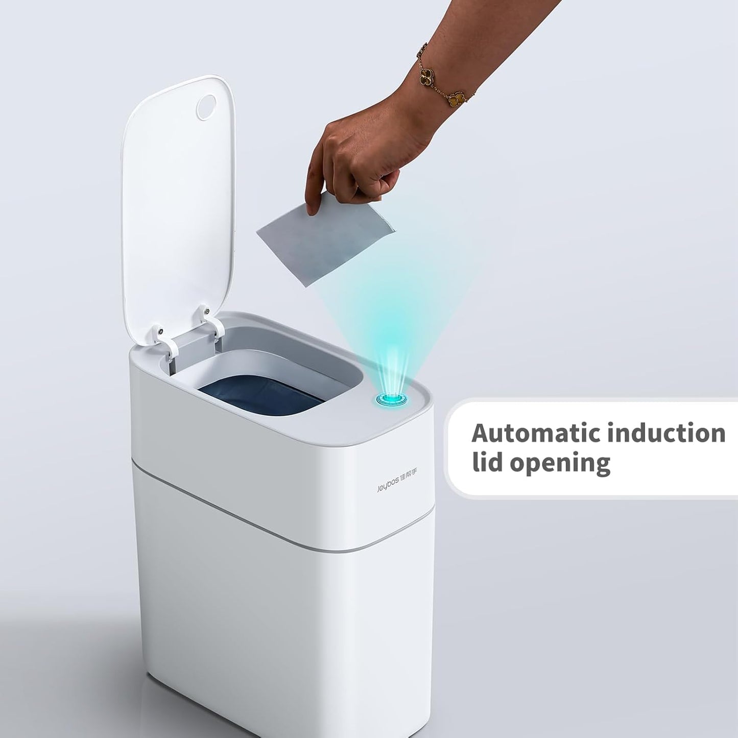 JOYBOS Small Bathroom Trash Cans with Lids,3.8 Gallon Slim White Plastic Automatic Garbage Can,Narrow Motion Sensor Waterproof Trash Bin for Bedroom, Toilet,Office