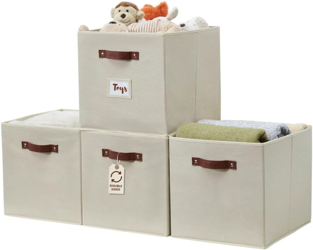 DECOMOMO Storage Baskets, 13x15x13 Storage Cube Bins with Labels for Organizing Shelves Kallax (Kallax / 4pcs, Beige)