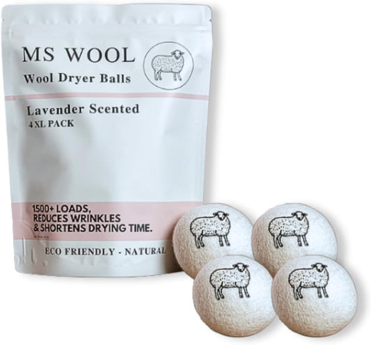 Lavender Scented Wool Dryer Balls – 4 XL Pack – Natural Fabric Softener, Reusable, Reduces Static, Reduces Wrinkles & Shortens Drying Time, Made W/Essential Oil, 100% Pure Wool