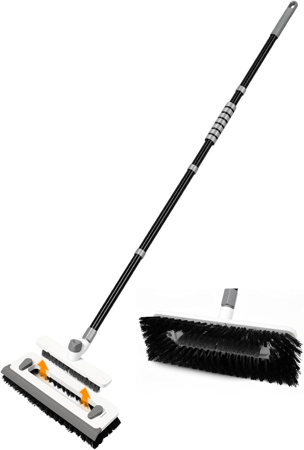 3 in 1 Floor Scrub Brush with Long Handle 55" Push Broom Stiff Bristle Scrubber Brush Squeegee Scrape & Detachable V-Grout Brush for Bathroom Kitchen Tile Deck Patio Garage Concrete Wall Cleaning Tool