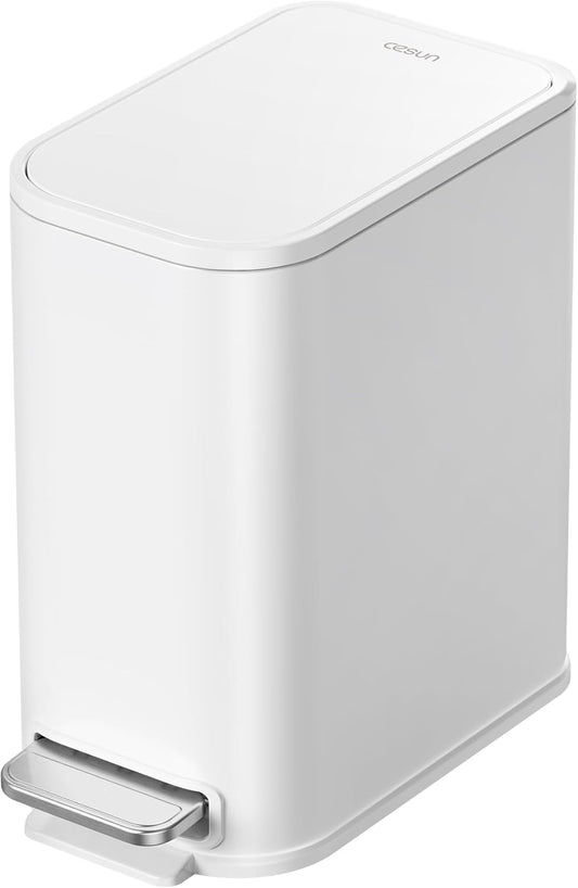 Cesun Small Bathroom Trash Can with Lid Soft Close, Step Pedal, 5 Liter / 1.3 Gallon Stainless Steel Garbage Can with Removable Inner Bucket, Waste Basket for Bathroom, Bedroom (White)