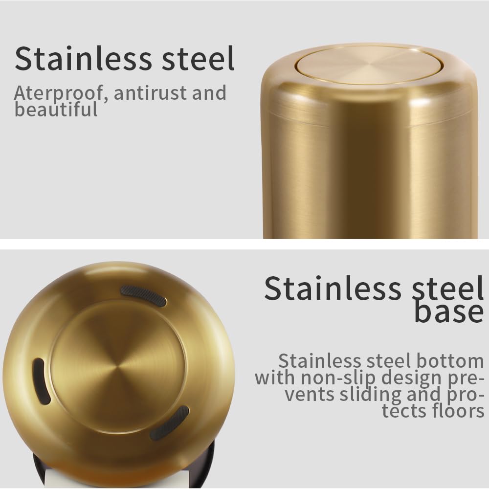 Waste Can 3 Gallon with Swing Lid，Brushed Stainless Steel Gold Trash Can，Metal Cylindrical Garbage Can，Brass Wastebasket Bin for Bathroom,LivingRoom,Office,Kitchen,Bedroom,Hotel (Gold)