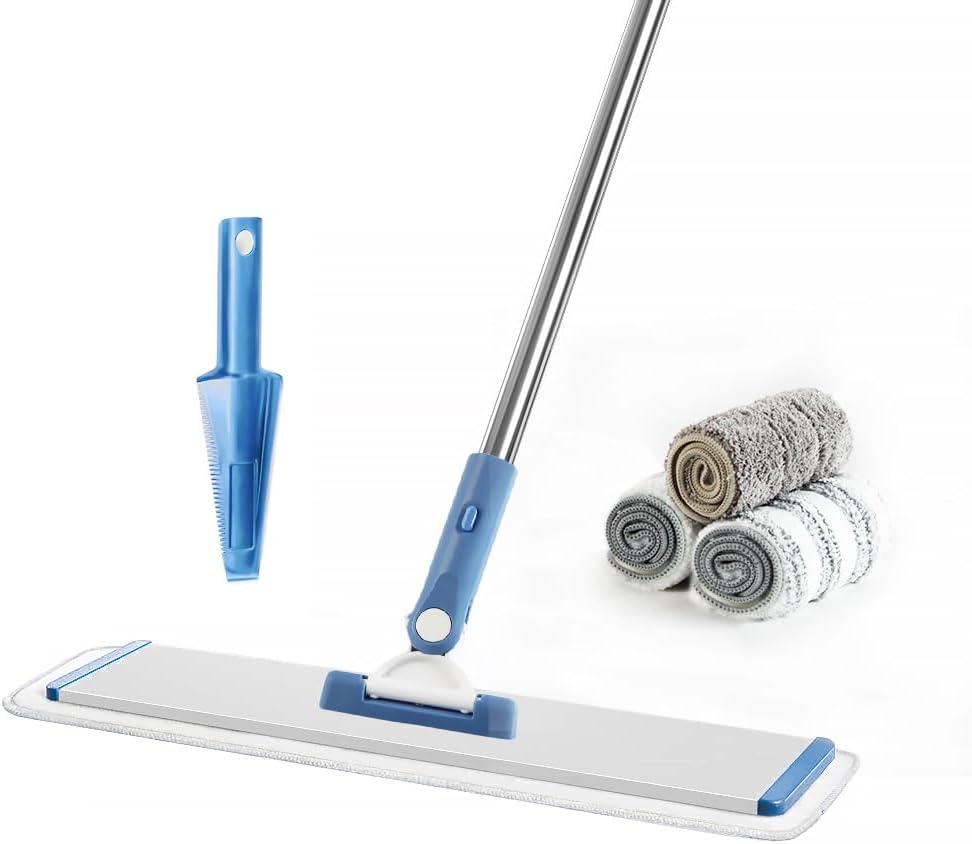 CQT Commercial Flat Microfiber Floor Mop Cleaning System 18" Inch Wet Dry and Dust Hardwood with 4 Washable Pads Cleaner for Laminate Tile Stainless Steel Handle and Extension (PT13-Blue)