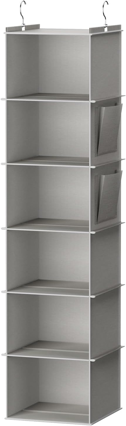 YOUDENOVA Hanging Closet Organizer and Storage, 6-Shelf Closet Hanging Shelves | Sturdy Bamboo Structure Cloth Hanging Storage, Sweater Organizer, 11.8” x 11.8” x 47.2”, Light Grey