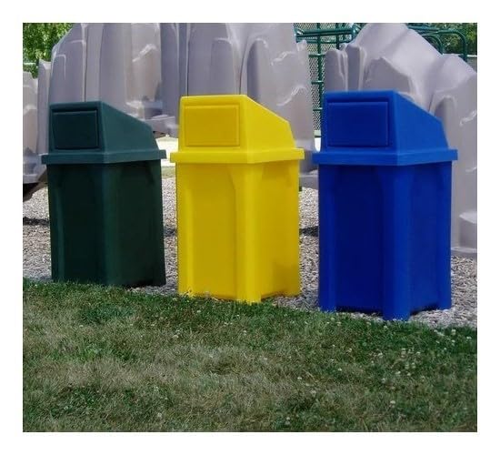 32 Gallon Square 100% Recycled Plastic Heavy Duty Outdoor Trash Can with Push Lid - Great for Schools and Businesses - Green
