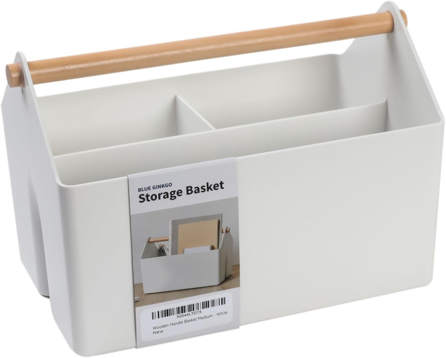BLUE GINKGO Medium Storage Basket – Plastic Caddy with Wooden Handle for Office, Arts & Crafts, or Home Supplies (White)