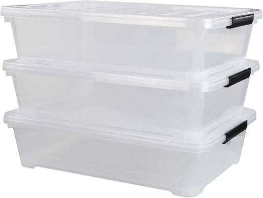 3-Pack Plastic Under Bed Storage Box Container, 40 Quart Clear Stackable Storage Box Wheeled Latching Box