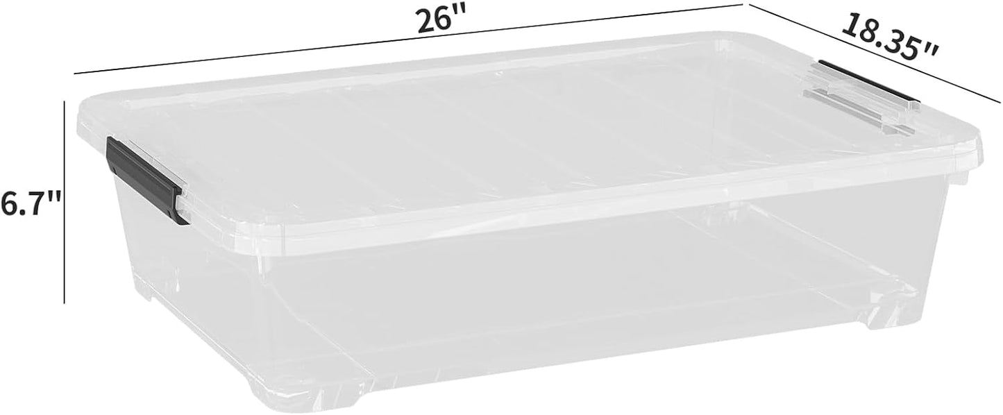 4Pack 40 Qt Plastic Under Bed Storage Organizer Bin Container with Secure Lids and Durable Wheels, Clear