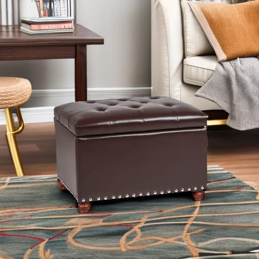 Leather Storage Ottoman Bench Foot Rest Stool with Nailhead Trim (Dark Brown - Button Tufted Leather)
