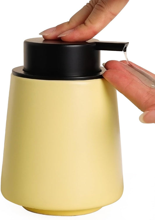 INGOFIN Ceramic Soap Dispenser, 14 oz Bathroom Hand Soap Dispenser, Liquid Dispenser with Pump, Refillable Modern Lotion Dish Dispenser for Kitchen, Matte Yellow