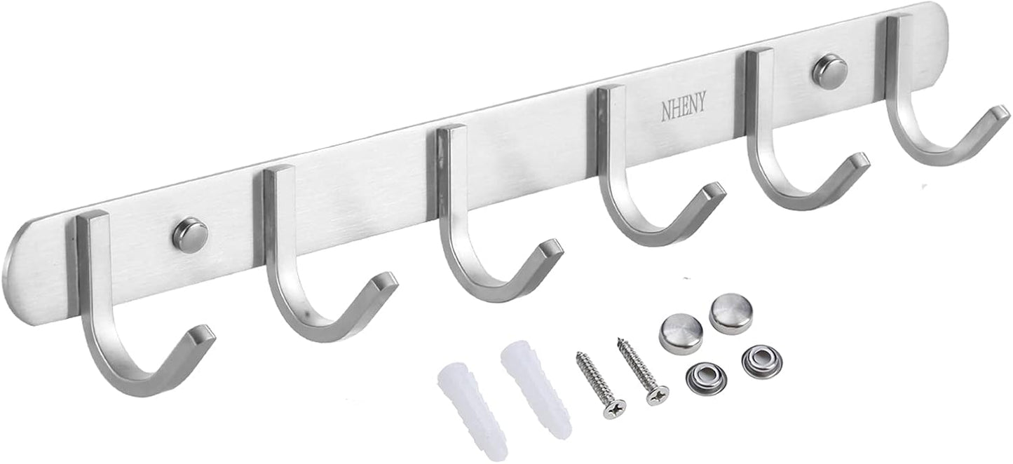 Coat Hook Wall Mount Towel Rack with 6 Hooks Hanger for Hanging Clothes, Bags, Keys, and Towels Bathroom, Entryway, Door, 304 Stainless Steel Brushed Nickel