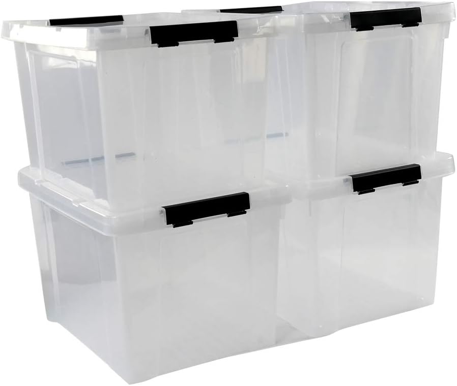 Ggbin 34 Quart Clear Lidded Storage Container Tote, Plastic Storage Box Bin with Black Latch, 4 Packs