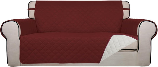 PureFit Reversible Quilted Sofa Cover, Water Resistant Furniture Protector, Washable Couch Cover with Non Slip and Elastic Straps for Kids, Dogs, Pets (Oversized Loveseat, Red/Ivory)