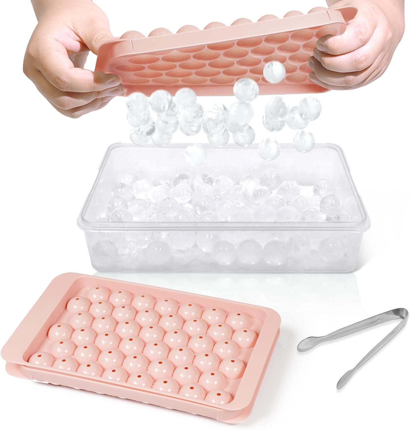 WIBIMEN Ice Cube Tray with Lid and Bin - Round Ice Trays for Freezer with Lid - Ice Cube Trays for Freezer with Ice Container (0.8"-2PACK Pink)