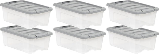Amazon Basics Plastic Storage Containers with Secure Latching Lids, Stackable Organization Bins, Clear/Grey, 12 Quart, Set of 6