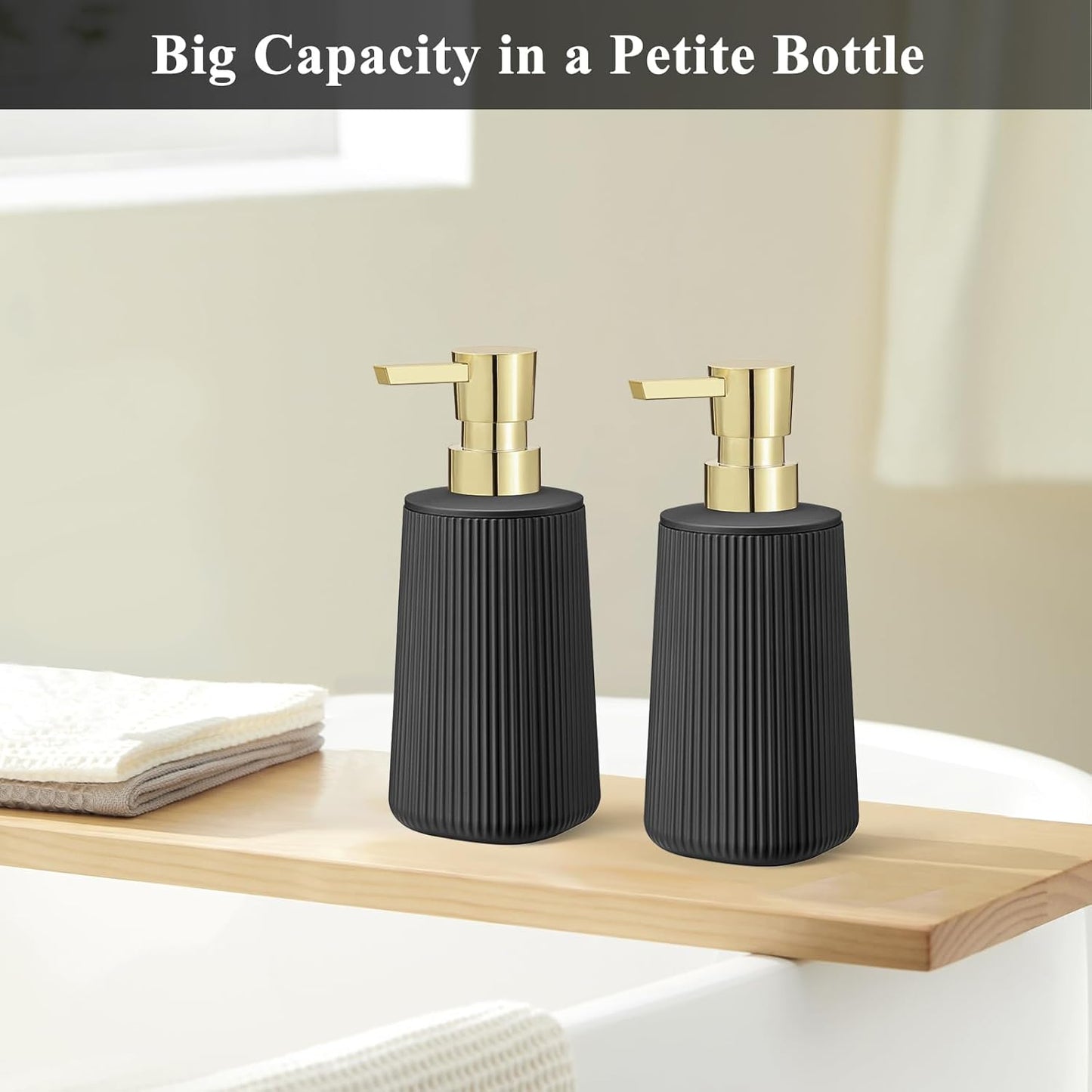 Black and Gold 2 Pack Hand Soap Dispensers with No Rust Pump for Bathroom and Kitchen Countertops Refillable Striped Matte Plastic 8.5 oz