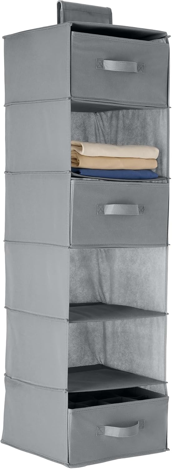 Amazon Basics 6-Tier Hanging Shelf Closet Storage Organizer with Removable Drawers, Grey, 6.9"D x 13.6"W x 12.2"H