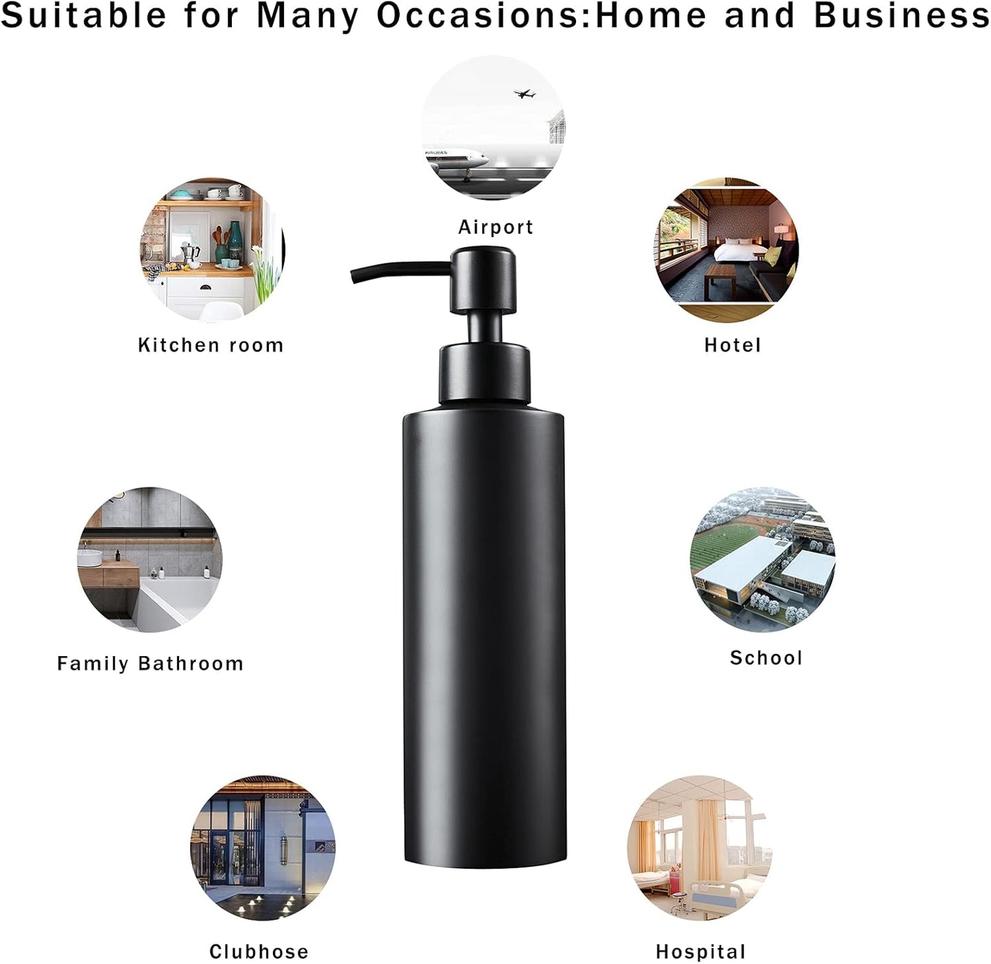 Soap Dispenser, Matte Black with Funnel and Non-Slip Coaster 304 Stainless Steel Metal Pump Hand Sanitizer Bottle for Bathroom, and Kitchen (12oz/350ml)