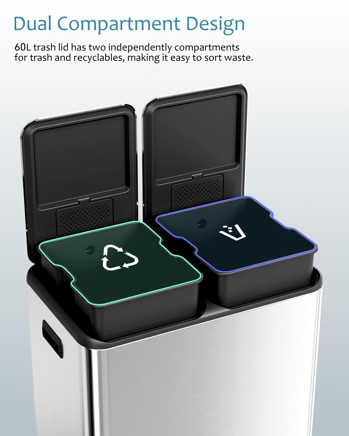 16 Gal (2 x 30 L) Dual Trash Can, Stainless Steel Kitchen Garbage Bin, Recycle Dustbin with Odor Control Box, Soft-Close Lid, Inner Buckets, Side Handle, Step Pedal, for Home Office