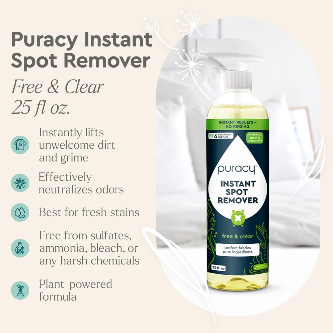 Puracy 25oz Instant Spot Remover & Fabric Stain Remover - Cleaning Spray, Stain Spray - Car Cleaner - Carpet Stain Remover, Carpet Spot Cleaner, Carpet Cleaning Solution, Free & Clear, 25 Fl Oz