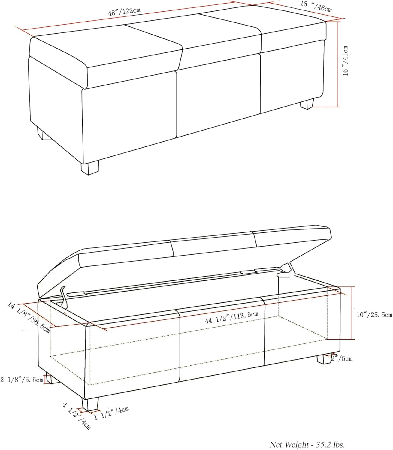 SIMPLIHOME Avalon 48 inch Wide Contemporary Rectangle Storage Ottoman Bench in Denim Blue Vegan Faux Leather, Assembled, For the Living Room, Entryway and Family Room