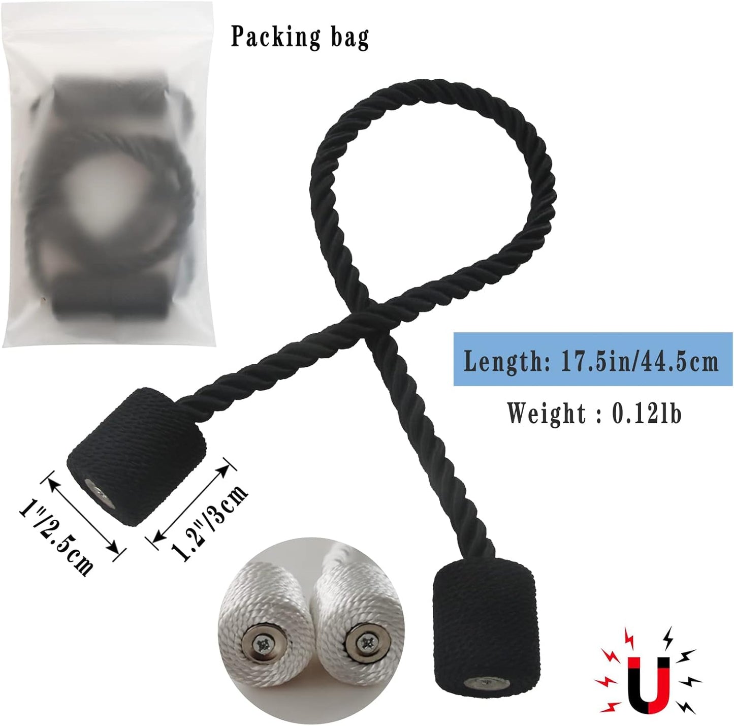 Magnetic Curtain Tiebacks 6 Pack Black Curtain Rope Tieback Curtain Holders for Drapes Modern Tie Backs Decorative Curtain Holdbacks