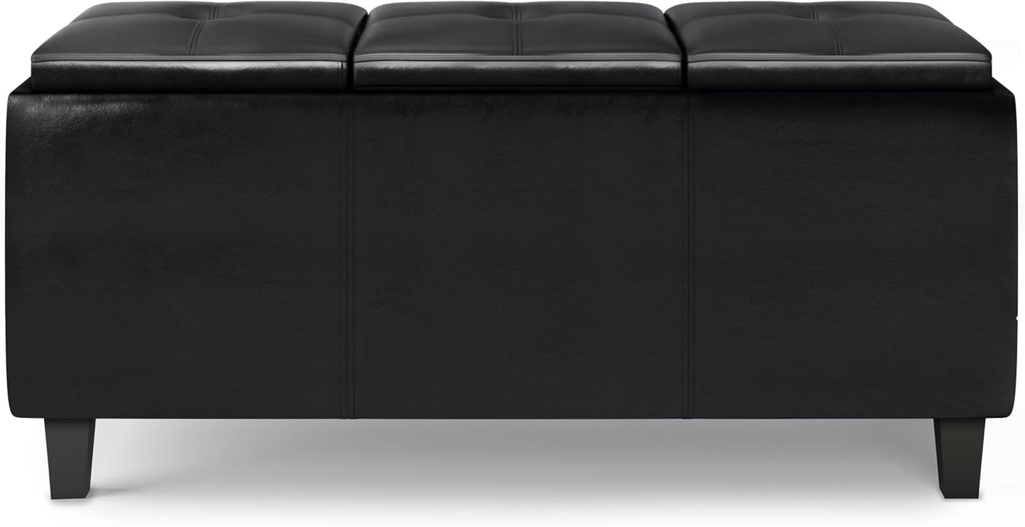 SIMPLIHOME Avalon 42 inch Wide Contemporary Rectangle Tray Storage Ottoman with Lift Up Lids in Midnight Black Vegan Faux Leather, Assembled, for the Living Room, Entryway and Family Room
