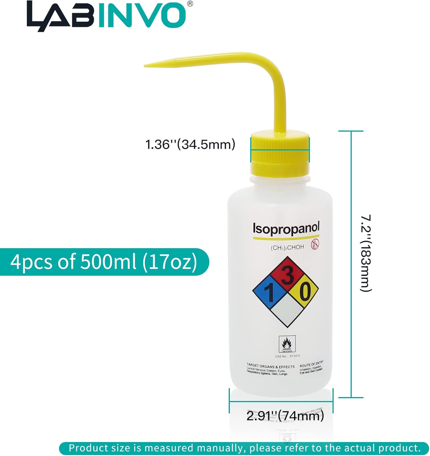 4pcs of Isopropanol Wash Bottles, Vol.500ml (17oz), Narrow Mouth, Self-Venting Safety Wash Bottles, LDPE Material, IN-WBI500