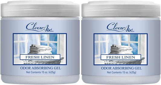 Clear Air Odor Absorber Gel - 15 oz, Pack of 2 - Air Freshener Absorbs and Eliminates Odors in Bathrooms, Cars, Boats, RVs and Pet Areas - Made with Essential Oils - Fresh Linen Scent