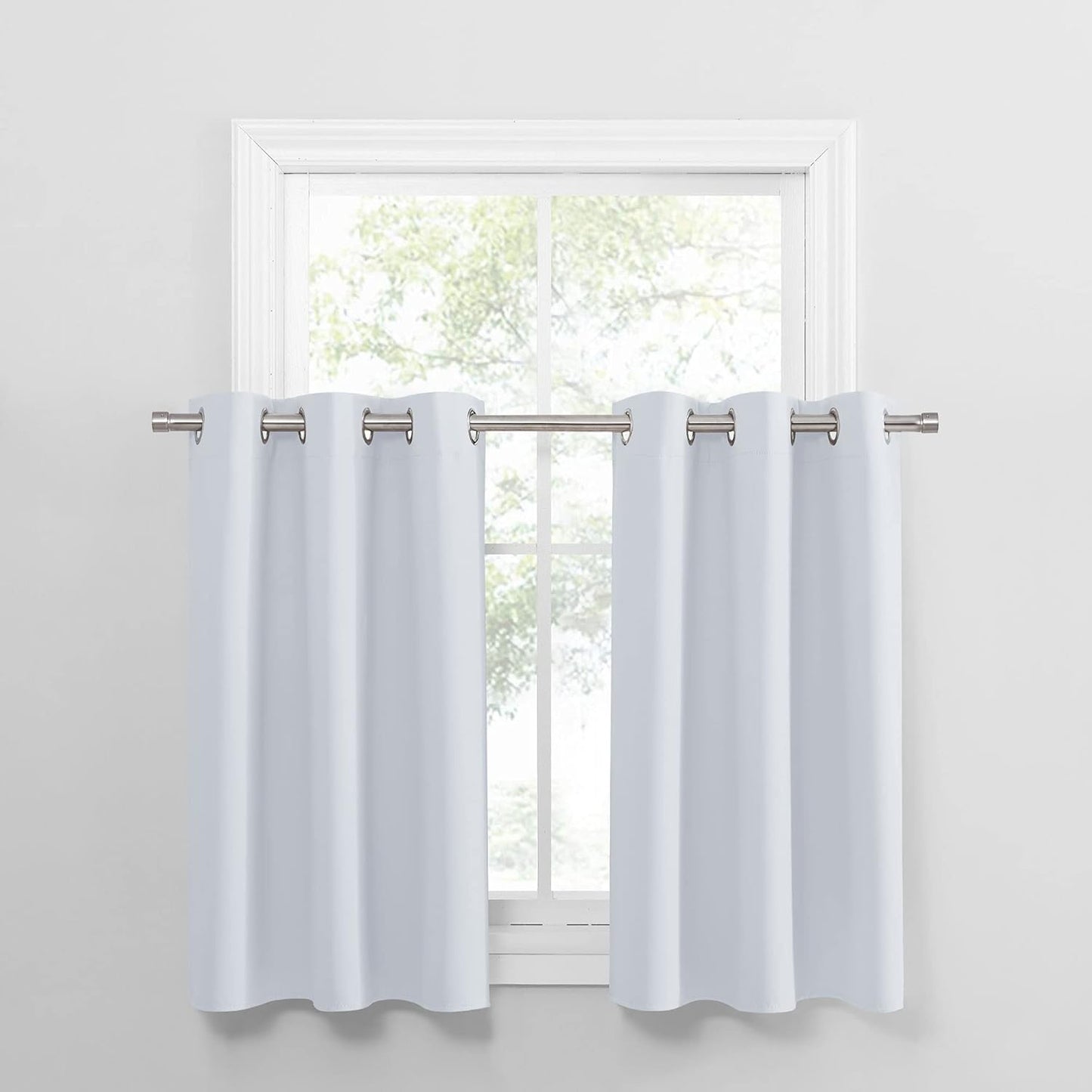 PONY DANCE Greyish White Small Window Curtain Panels Room Darkening Curtain Tiers for Nursery with Top Grommet (Only Block 60-75% Lights), 29 x 30 Inch, 1 Pair