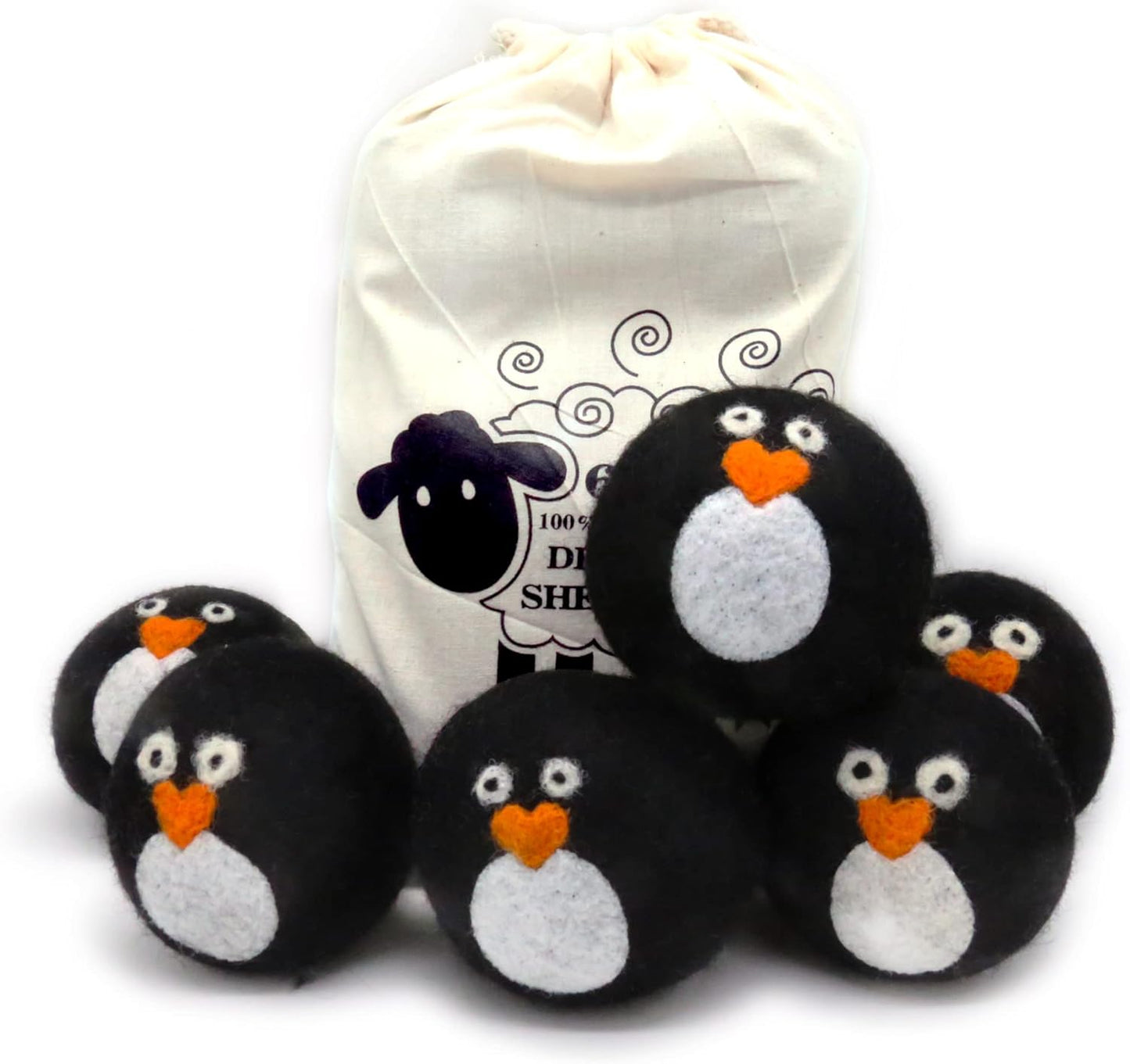 Pack of 6 Wool Dryer Balls, Muulaii Reusable Fabric Softener, Extra Large, Black Penguin