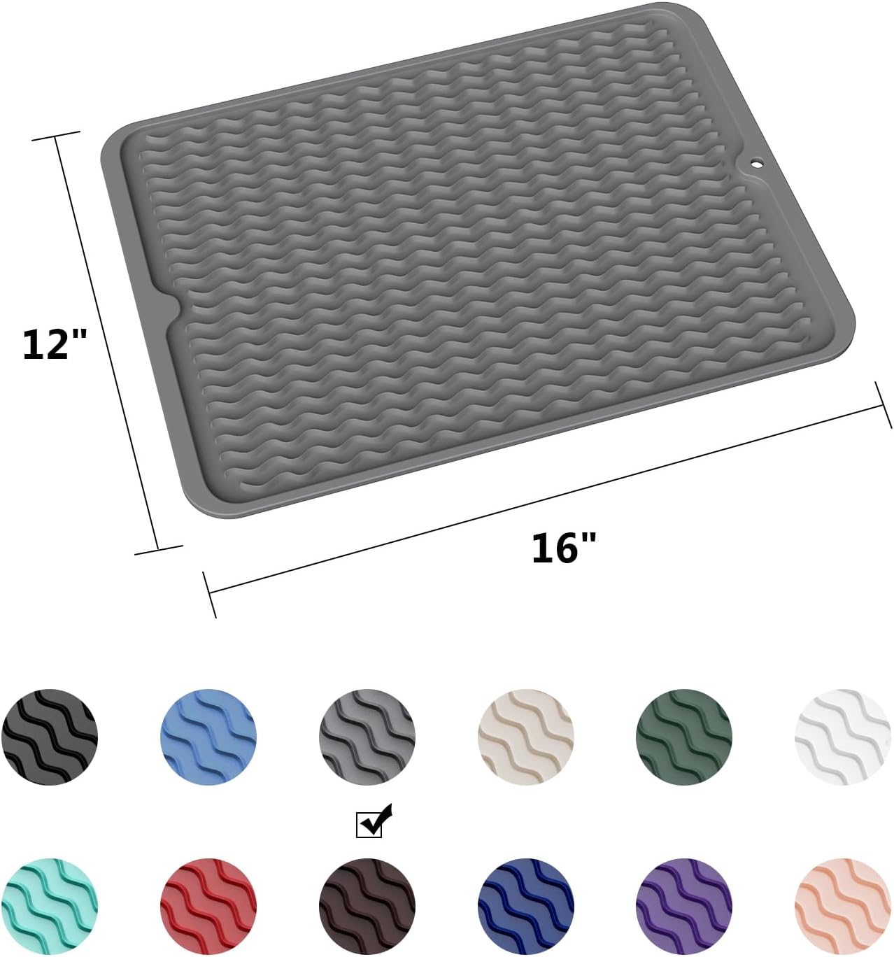 ZLR Silicone Dish Drying Mat for Kitchen Counter, Eco-Friendly Fast Dry Dish Mat, Easy Clean Multi Usage Drying Matt, Heat Resistant Trivet, 12" x 16" Large, Dark Gray